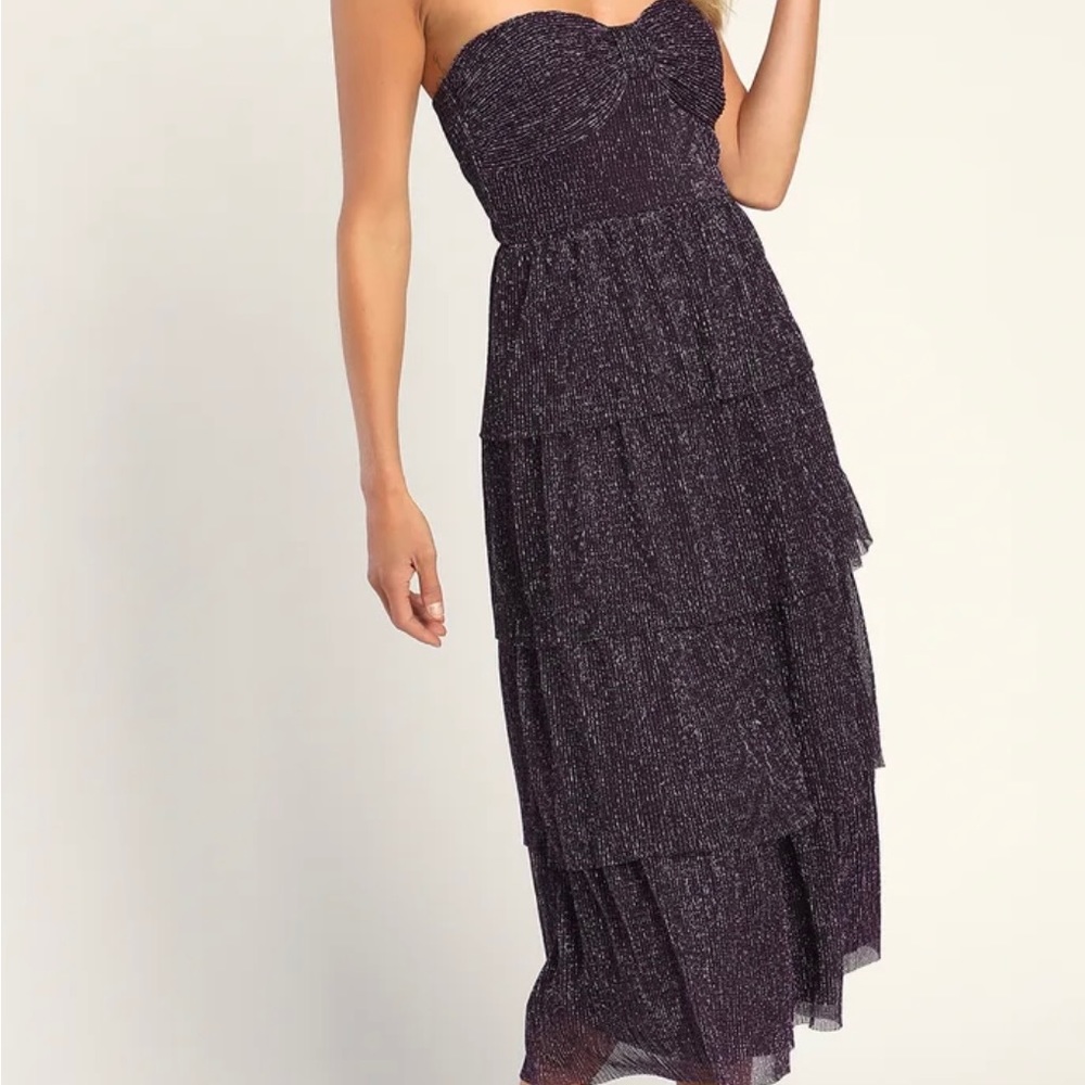 Tier to Dance Purple Shiny Lurex Tiered Strapless Midi Dress - Picture 3 of 6
